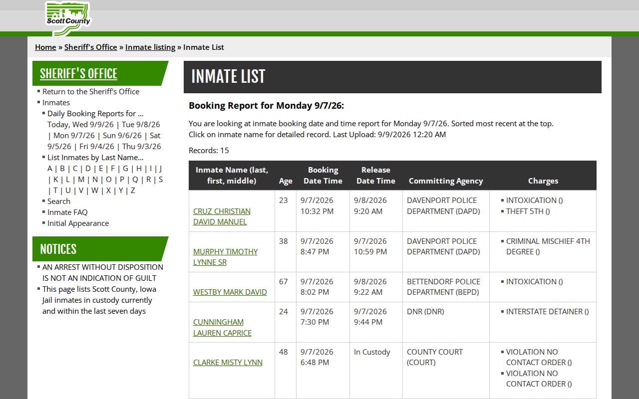 Scott County official previous-date booking report in the multi-day roster window