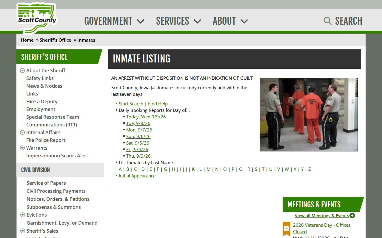 Scott County official inmate listing with roster scope and daily report links