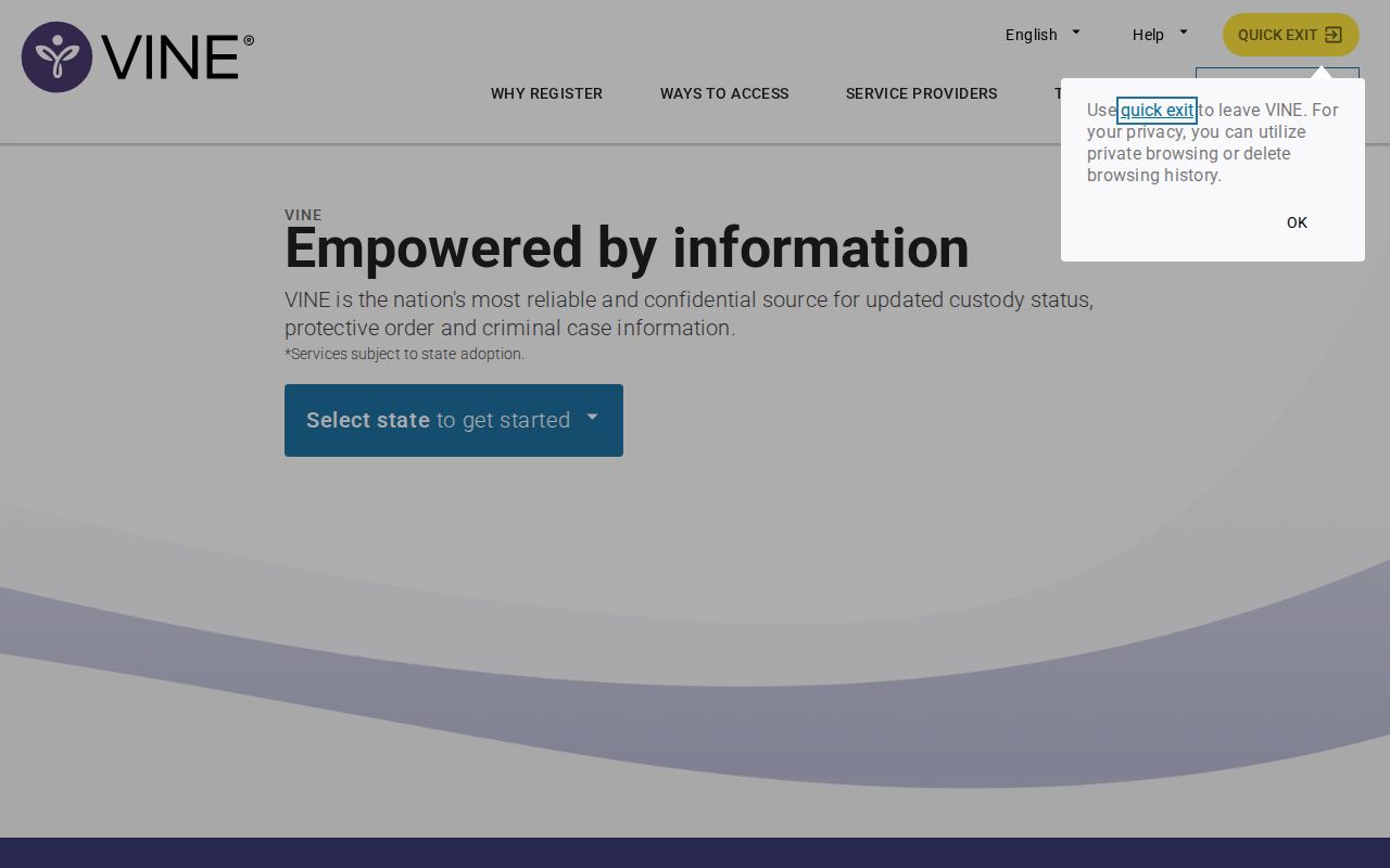 VINELink registration interface for phone and email custody notifications