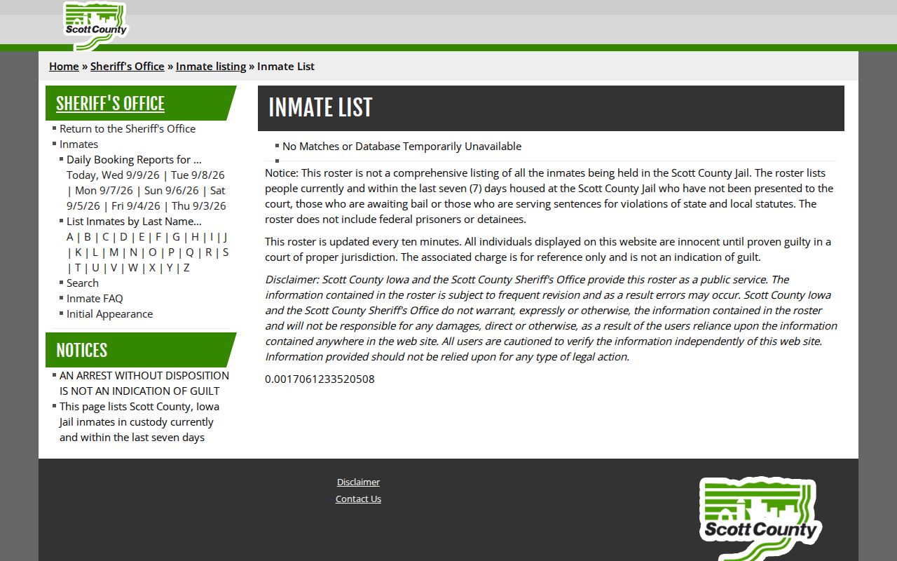 Scott County inmate roster results table without a visible booking photo column