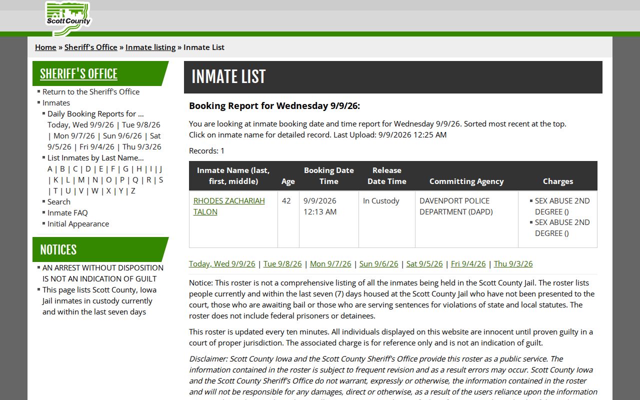 Scott County official same-day booking report with upload time and booking fields