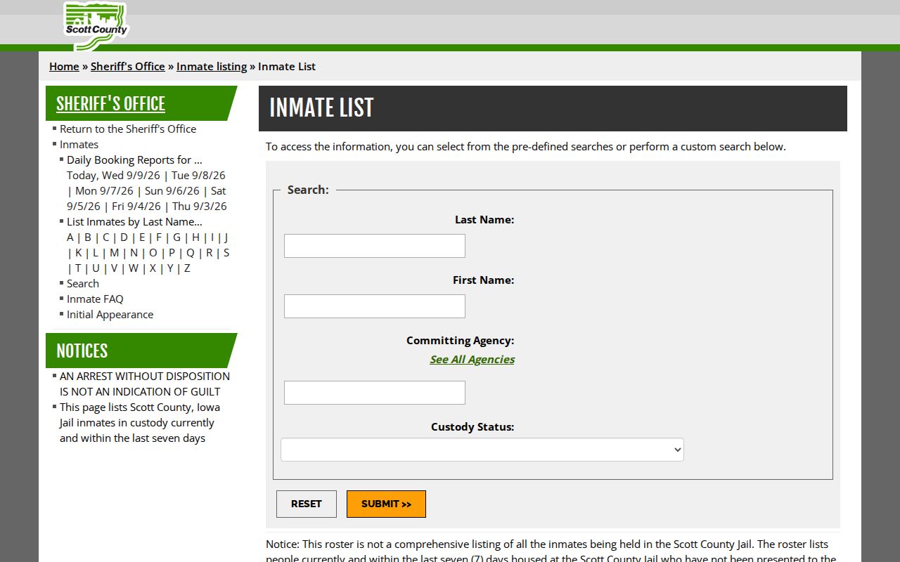 Scott County inmate roster search fields for name agency custody status and dates