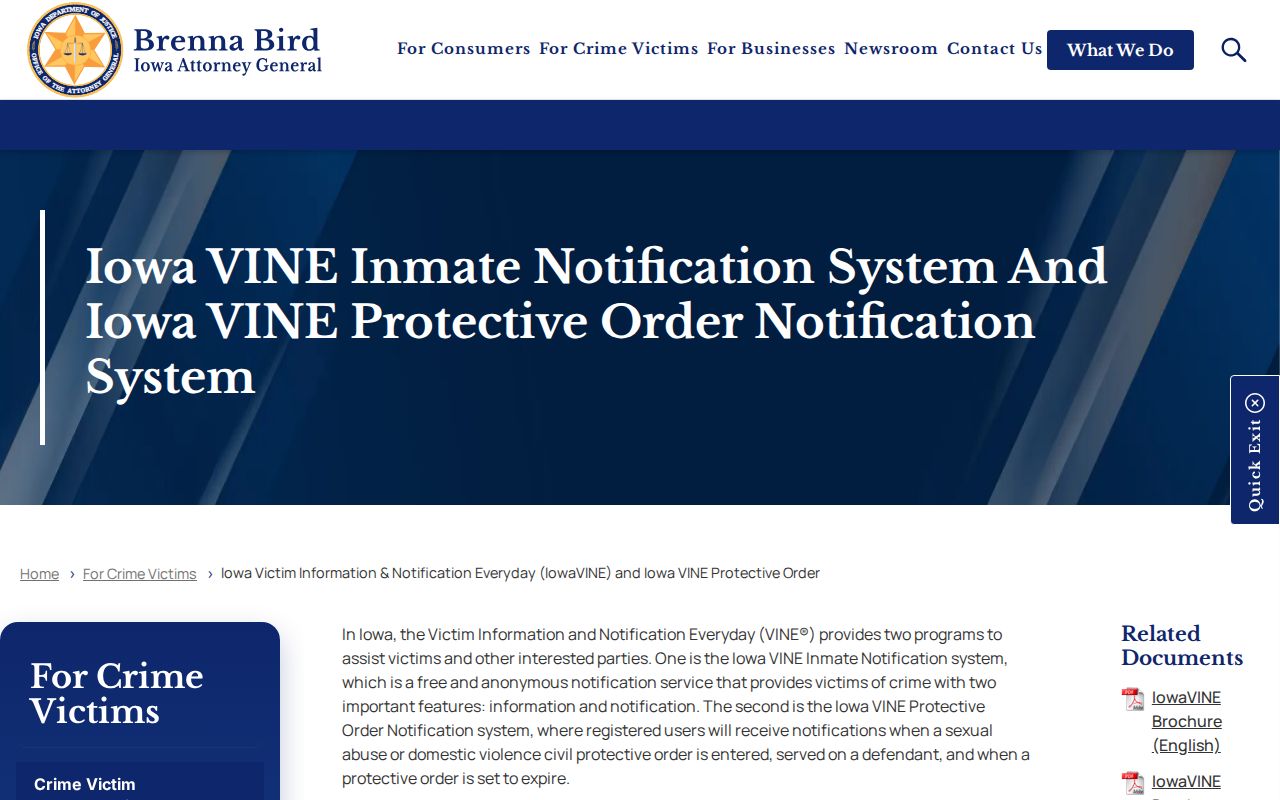 Iowa Attorney General IowaVINE page explaining custody alerts and phone PIN rules