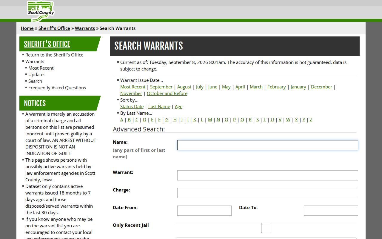 Scott County Sheriff warrant search controls and public scope