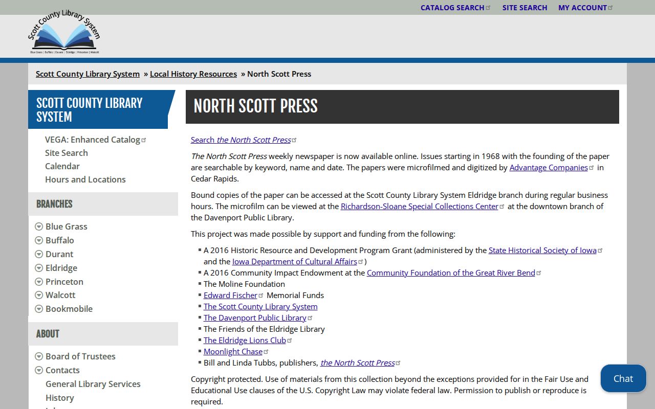 Scott County Library page for the searchable North Scott Press historical archive