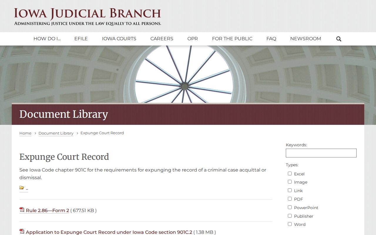 Iowa Judicial Branch expungement forms page for post-disposition relief